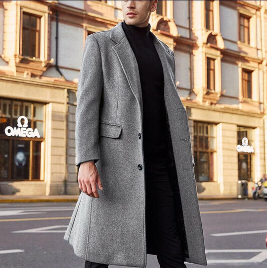 Herren eleganter Langmantel aus hochwertiger Wolle mit praktischem Revers EB