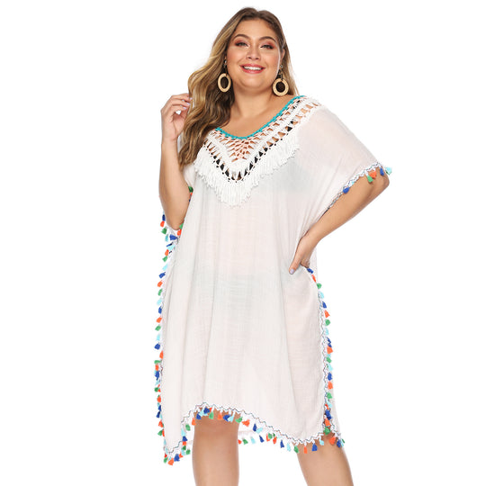 Damen luftiger Strandponcho mit buntem Quastenrand EB
