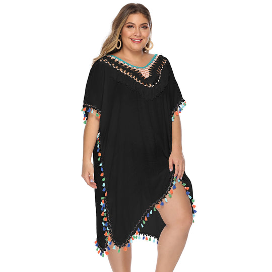 Damen luftiger Strandponcho mit buntem Quastenrand EB
