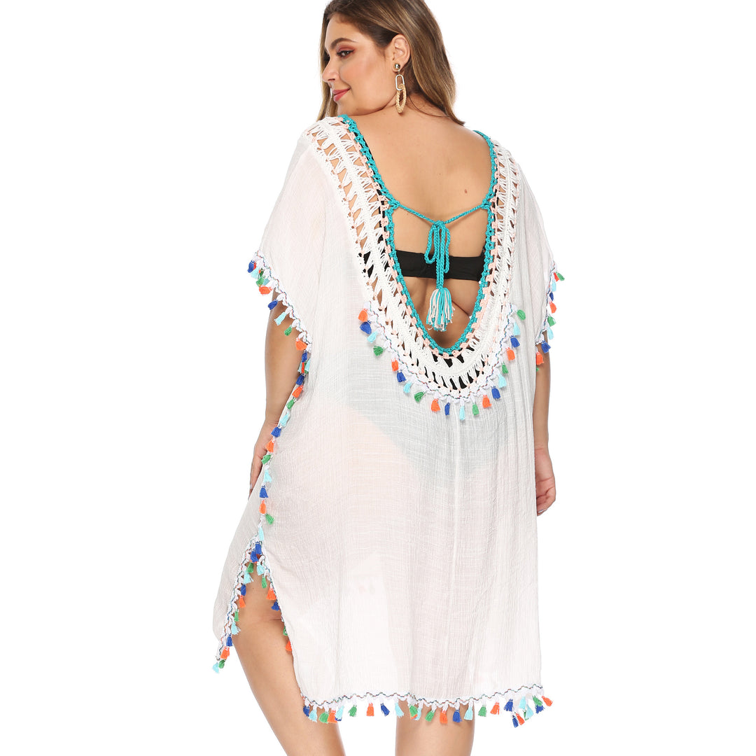 Damen luftiger Strandponcho mit buntem Quastenrand EB