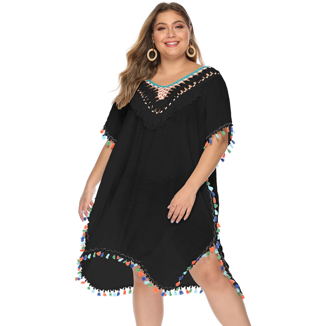 Damen luftiger Strandponcho mit buntem Quastenrand EB