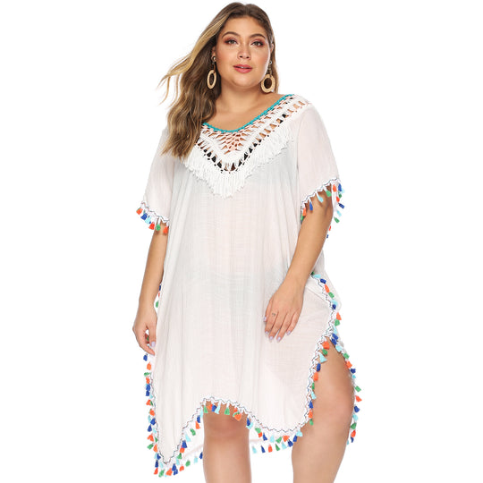 Damen luftiger Strandponcho mit buntem Quastenrand EB
