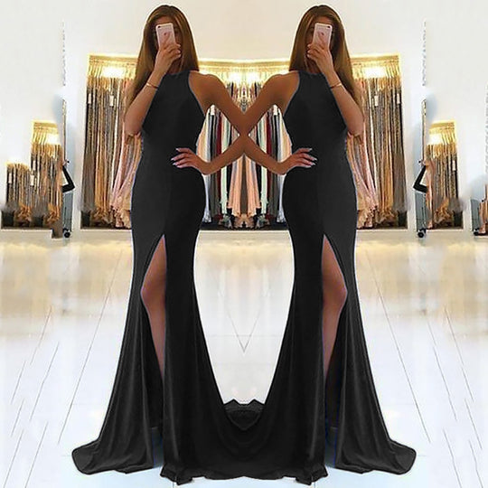 Damen Glamouröses Abendkleid mit elegantem V-Ausschnitt und hohem Schlitz EB