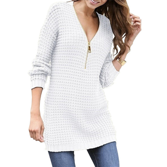 Damen Strickpullover mit kurzem Reißverschluss und Waffelmuster EB