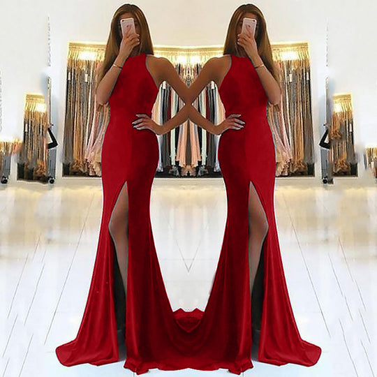 Damen Glamouröses Abendkleid mit elegantem V-Ausschnitt und hohem Schlitz EB