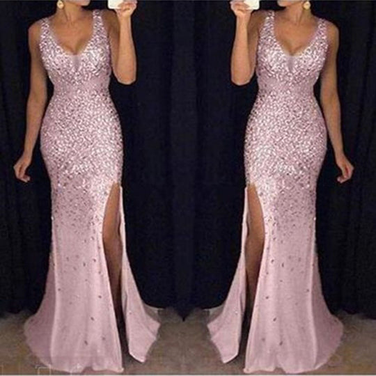 Damen Schimmerndes Abendkleid mit tiefem V-Ausschnitt und seitlichem Schlitz EB