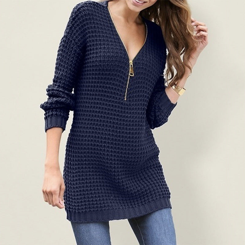 Damen Strickpullover mit kurzem Reißverschluss und Waffelmuster EB
