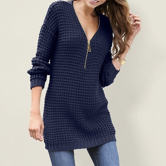 Damen Strickpullover mit kurzem Reißverschluss und Waffelmuster EB