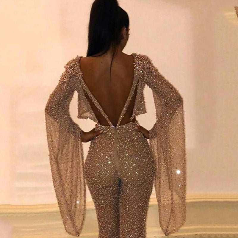 Damen Glitzerndes Zweiteiliges Set mit weitem Bein und langen Ärmeln EB
