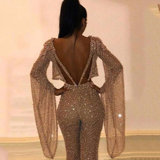 Damen Glitzerndes Zweiteiliges Set mit weitem Bein und langen Ärmeln EB