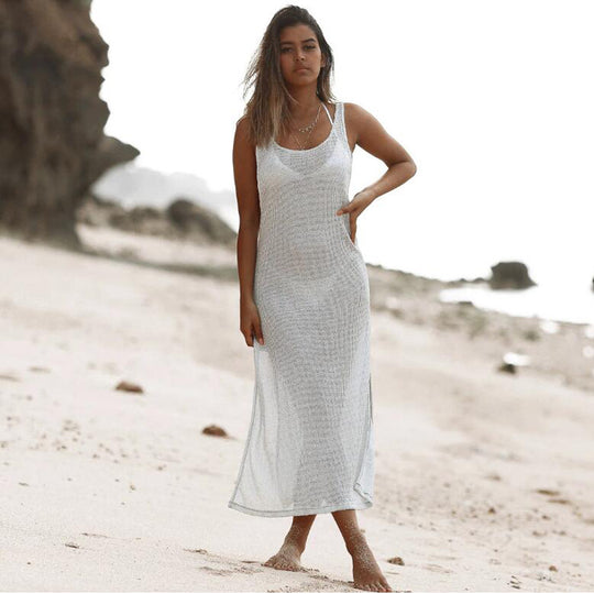 Damen luftiges Maxikleid mit transparentem Häkelmuster und seitlichen Schlitzen EB