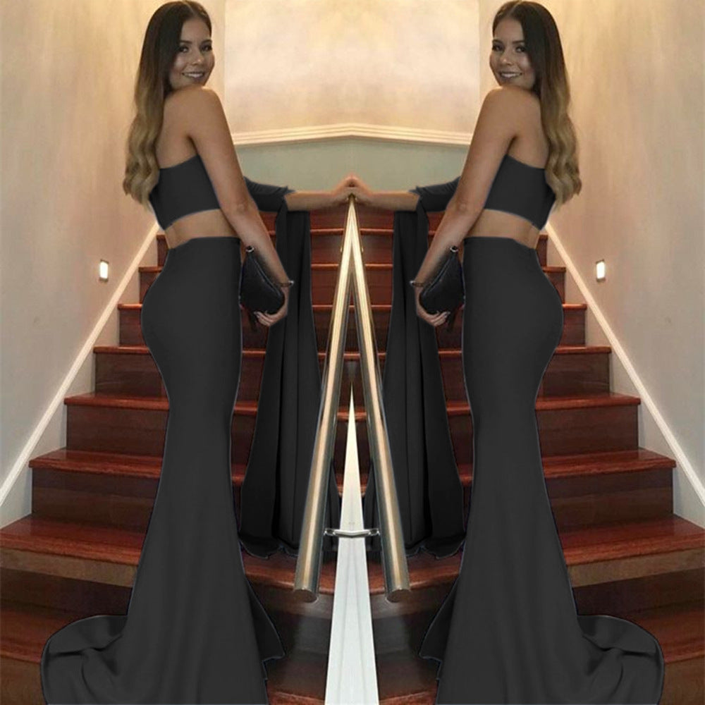 Damen elegantes schulterfreies Abendkleid mit asymmetrischem Schnitt und fließendem Stoff EB