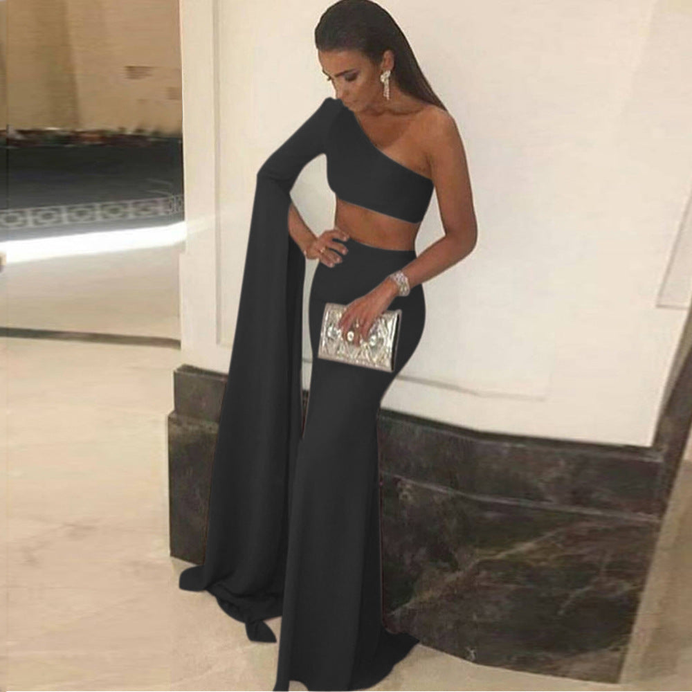 Damen elegantes schulterfreies Abendkleid mit asymmetrischem Schnitt und fließendem Stoff EB