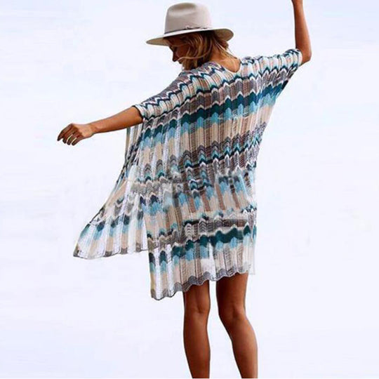 Damen lässiger Strandkimono im Wellenmuster mit offenen Ärmeln und seitlichen Schlitzen EB