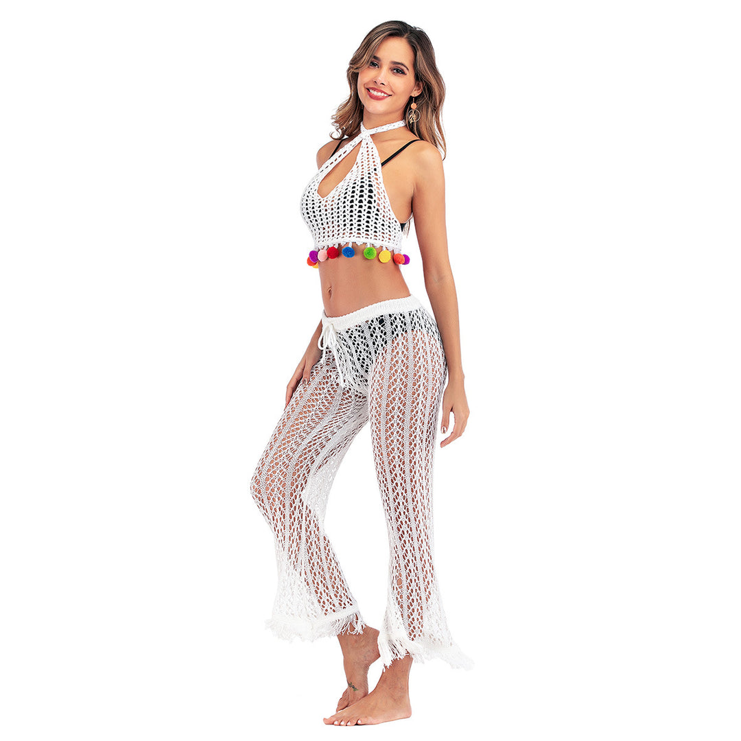 Damen Häkelstrickhose mit fransigen Säumen und hohem Bund EB
