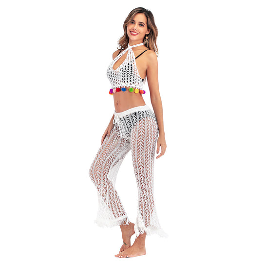 Damen Häkelstrickhose mit fransigen Säumen und hohem Bund EB