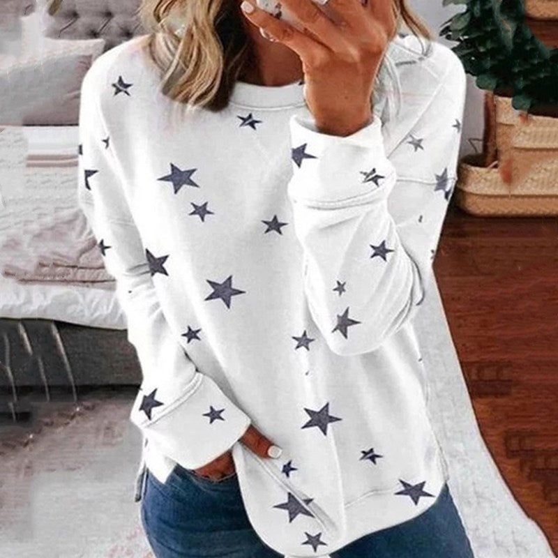 Damen nan locker geschnittenes Sternen-Print Sweatshirt mit Rundhalsausschnitt, verlängertem Rücken und seitlichen Schlitzen EB