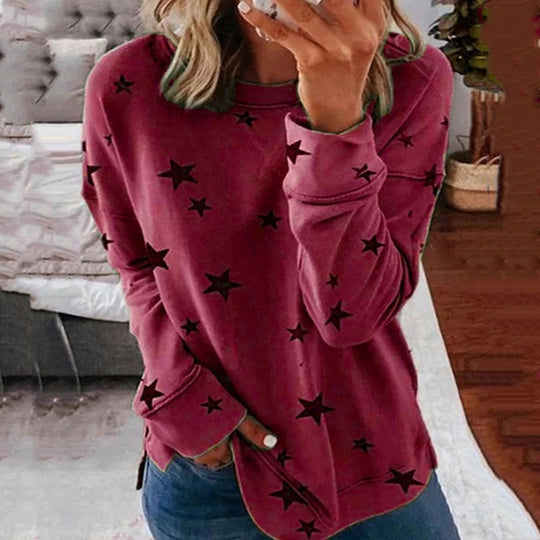 Damen nan locker geschnittenes Sternen-Print Sweatshirt mit Rundhalsausschnitt, verlängertem Rücken und seitlichen Schlitzen EB