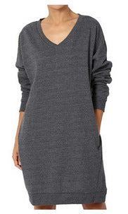 Damen Sweatshirt-Kleid mit V-Ausschnitt und praktischem Taschen-Design EB