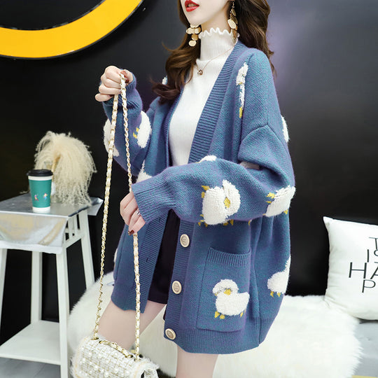 Damen Strickjacke mit verspieltem Schafmotiv und Taschen EB