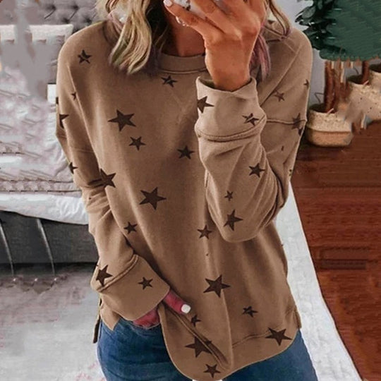 Damen nan locker geschnittenes Sternen-Print Sweatshirt mit Rundhalsausschnitt, verlängertem Rücken und seitlichen Schlitzen EB