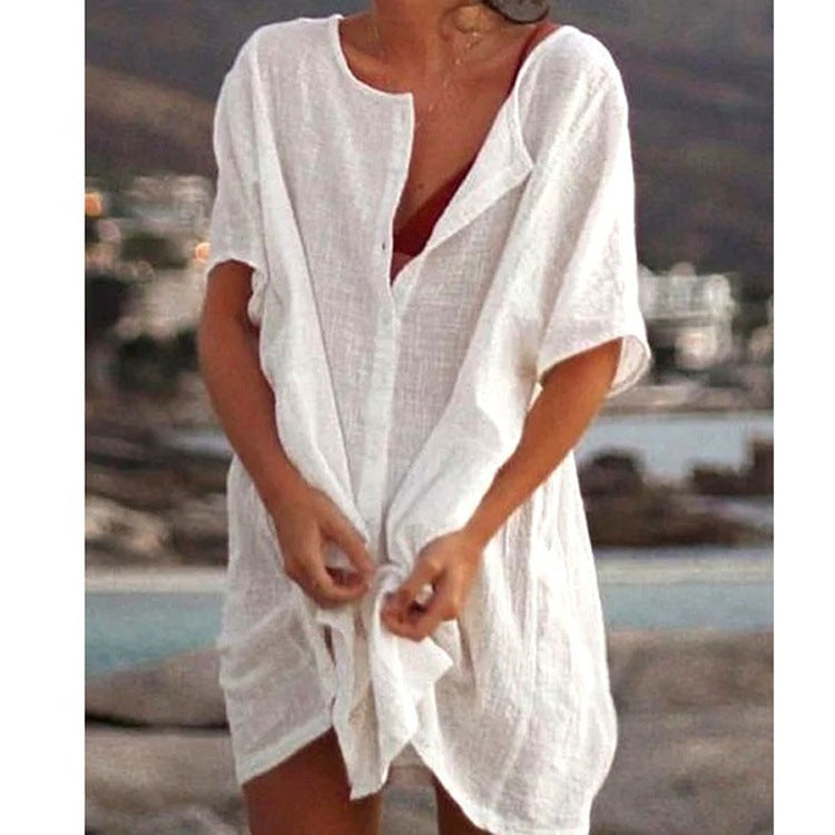 Damen Lässiges Strandkleid aus Leinen mit Knopfleiste und seitlichen Schlitzen EB
