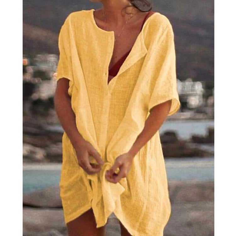 Damen Lässiges Strandkleid aus Leinen mit Knopfleiste und seitlichen Schlitzen EB