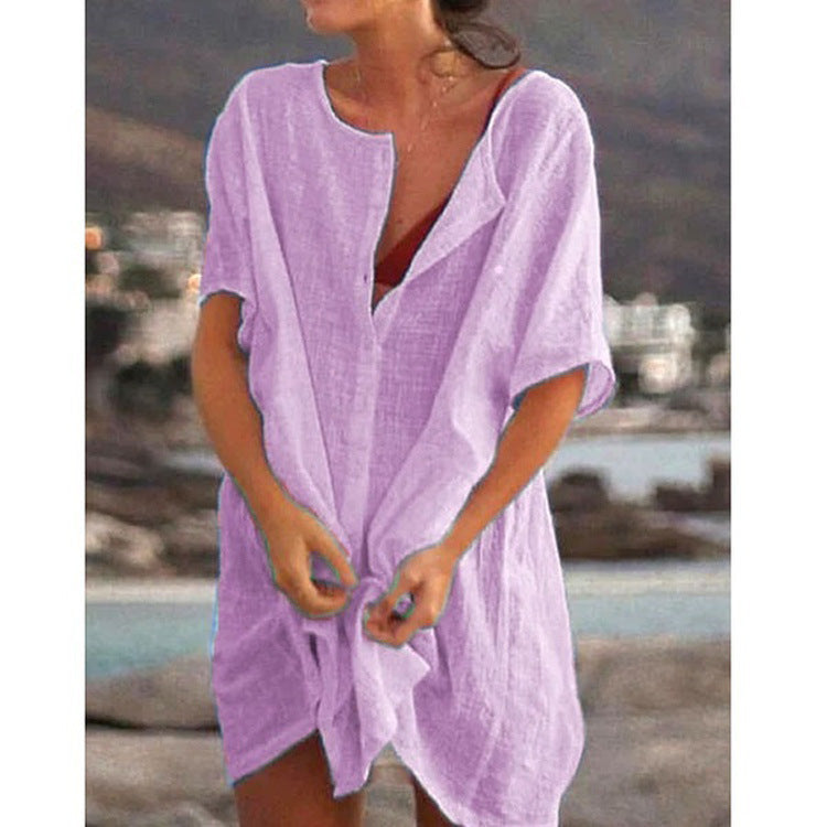 Damen Lässiges Strandkleid aus Leinen mit Knopfleiste und seitlichen Schlitzen EB
