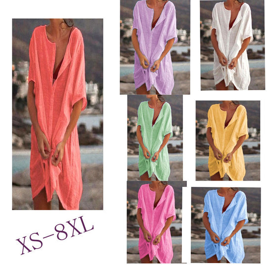 Damen Lässiges Strandkleid aus Leinen mit Knopfleiste und seitlichen Schlitzen EB