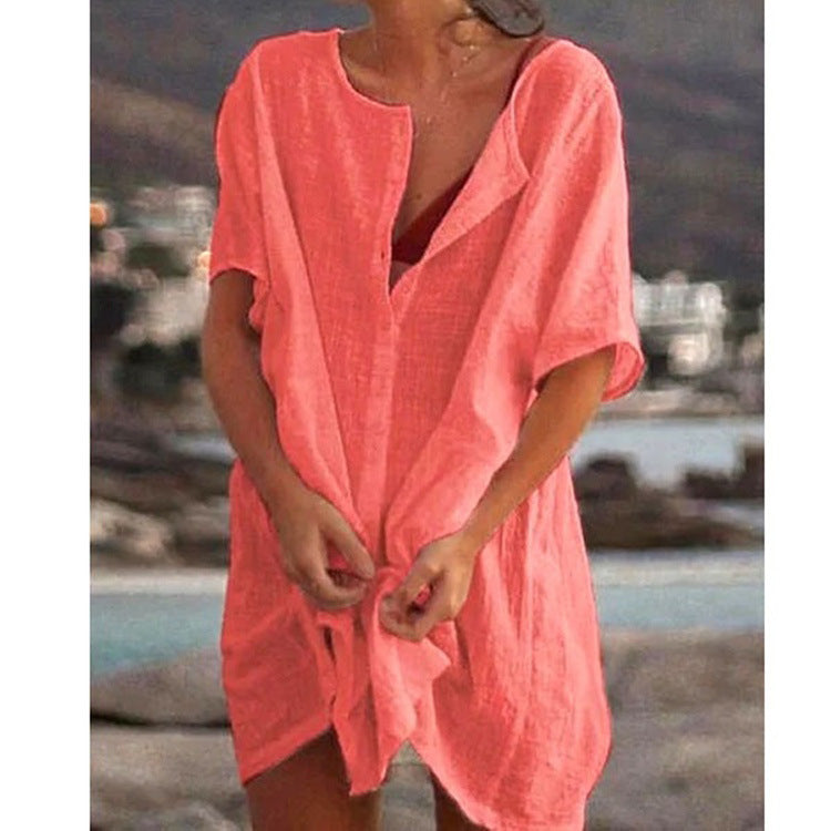 Damen Lässiges Strandkleid aus Leinen mit Knopfleiste und seitlichen Schlitzen EB