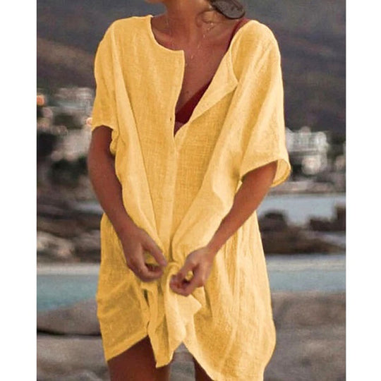 Damen Lässiges Strandkleid aus Leinen mit Knopfleiste und seitlichen Schlitzen EB