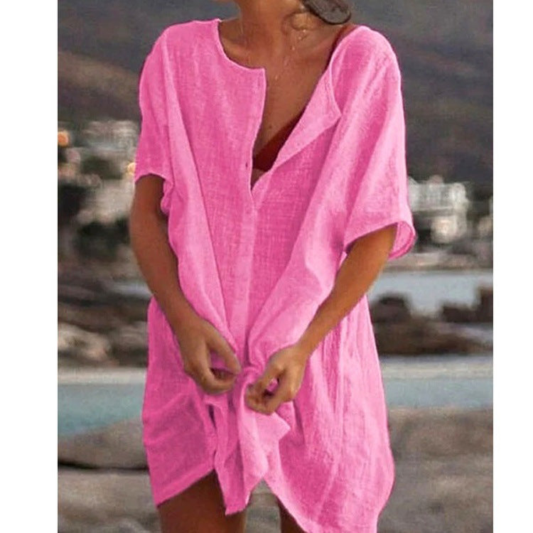 Damen Lässiges Strandkleid aus Leinen mit Knopfleiste und seitlichen Schlitzen EB