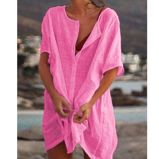 Damen Lässiges Strandkleid aus Leinen mit Knopfleiste und seitlichen Schlitzen EB