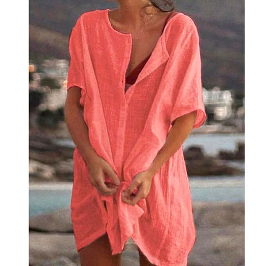 Damen Lässiges Strandkleid aus Leinen mit Knopfleiste und seitlichen Schlitzen EB