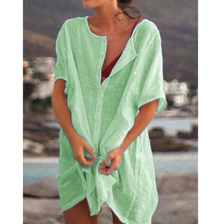 Damen Lässiges Strandkleid aus Leinen mit Knopfleiste und seitlichen Schlitzen EB