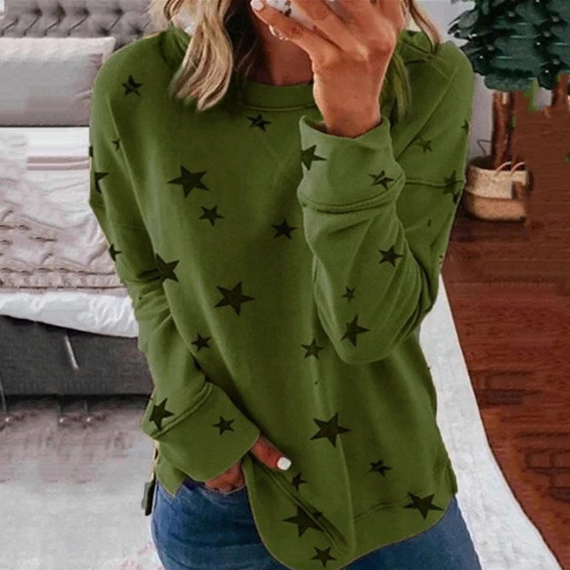 Damen nan locker geschnittenes Sternen-Print Sweatshirt mit Rundhalsausschnitt, verlängertem Rücken und seitlichen Schlitzen EB