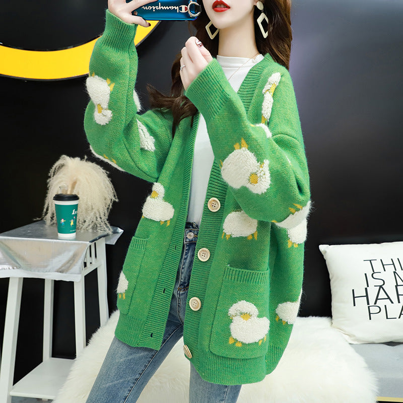 Damen Strickjacke mit verspieltem Schafmotiv und Taschen EB