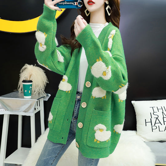 Damen Strickjacke mit verspieltem Schafmotiv und Taschen EB