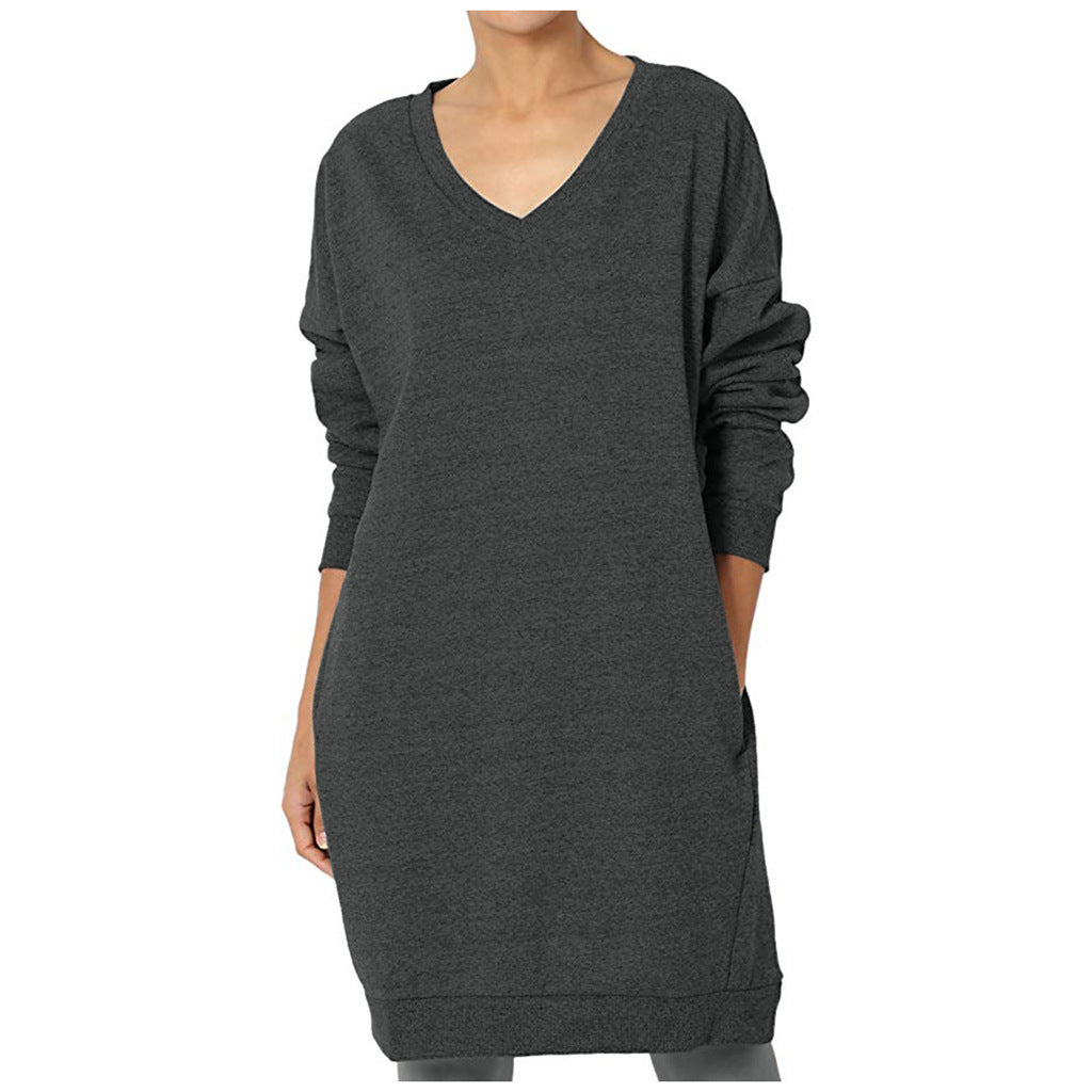 Damen lässiges Longsleeve Kleid mit tiefem V-Ausschnitt und Taschen EB