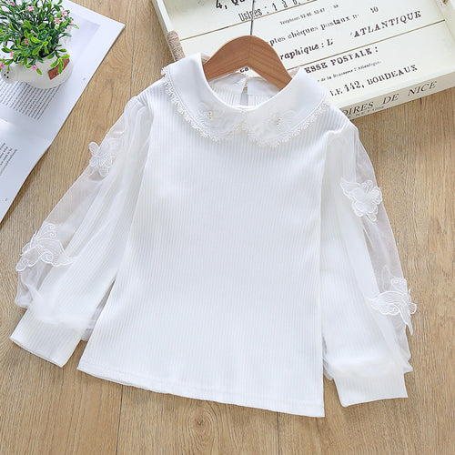 Damen festliche Bluse mit Tüllärmeln und besticktem Kragen EB