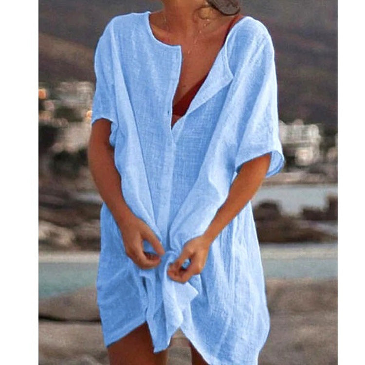 Damen Lässiges Strandkleid aus Leinen mit Knopfleiste und seitlichen Schlitzen EB