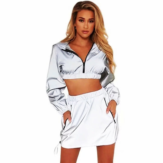 Damen Crop-Top Jacke mit elastischem Saum und Rock-Set EB