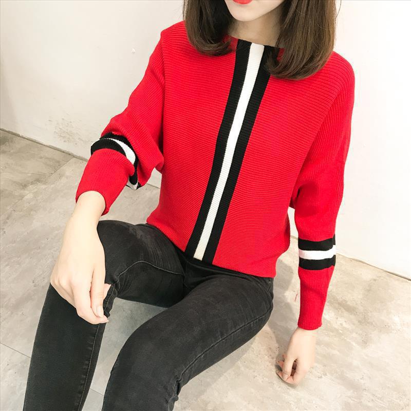 Damen sportlicher Strickpullover mit breiten Ärmeln und kreativen Streifen EB