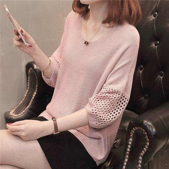 Damen lässiger Strickpullover mit luftigen Lochmustern und weichem Material EB