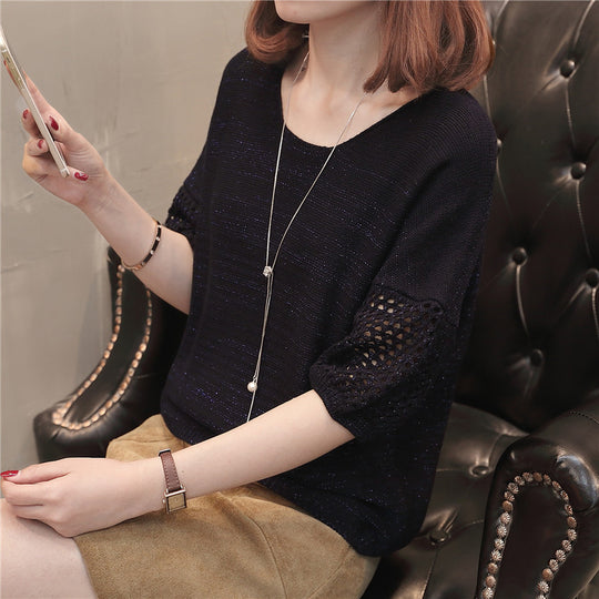 Damen lässiger Strickpullover mit luftigen Lochmustern und weichem Material EB