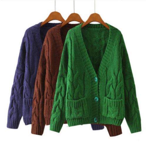 Damen Grobstrick-Cardigan mit dekorativen Taschen und knopfverzierung EB