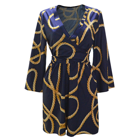 Damen Wickelkleid mit grafischem Seilmuster und eleganten Ärmeln EB