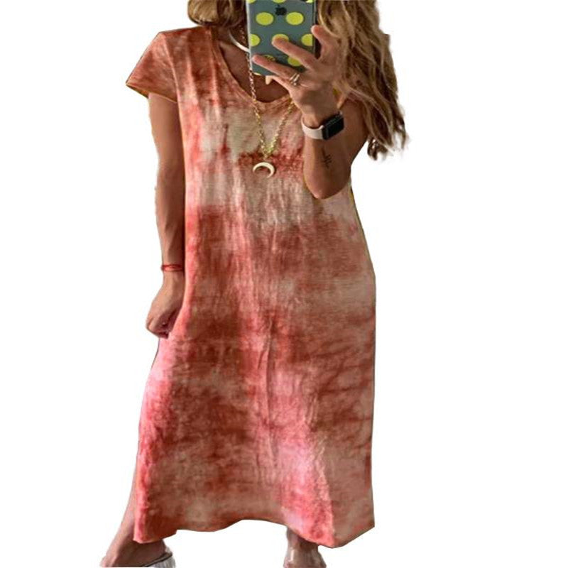 Damen Maxikleid mit kreativem Batikdesign und V-Ausschnitt EB
