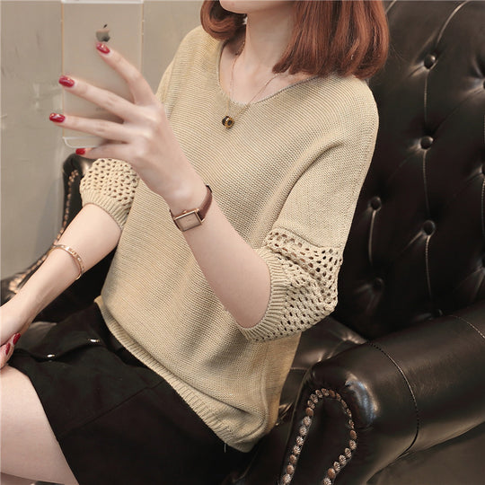 Damen lockerer Strickpullover mit raffinierter Lochmuster-Ärmeln EB