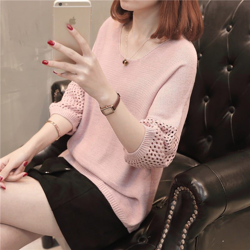 Damen lockerer Strickpullover mit raffinierter Lochmuster-Ärmeln EB